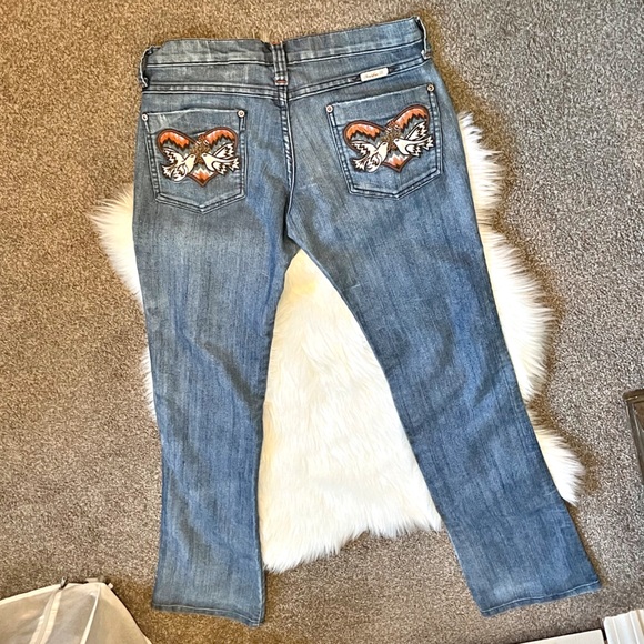 Vintage Y2K Frankie B Doves in Love Embroidered Wide Leg Low Rise Jeans 10 - Picture 3 of 5